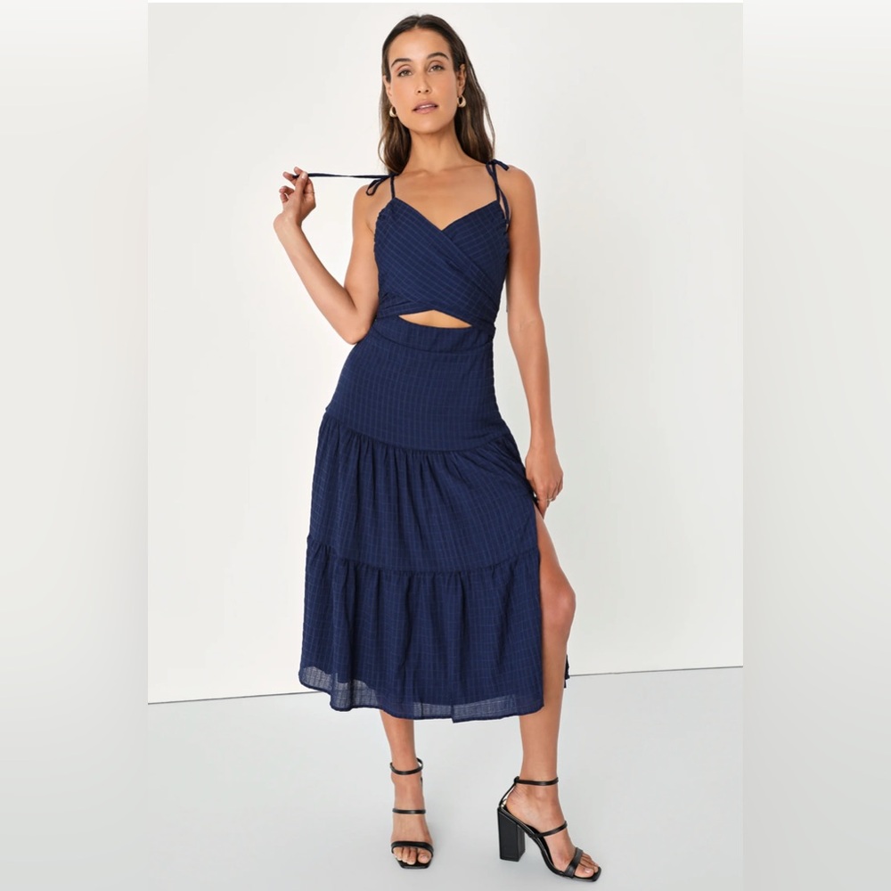 Lulu's Navy Blue Midi Dress with Side Slit